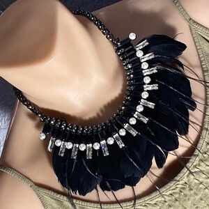 WHBM Gunmetal Statement Necklace Rhinestone Pearl and Feather Embellishment
